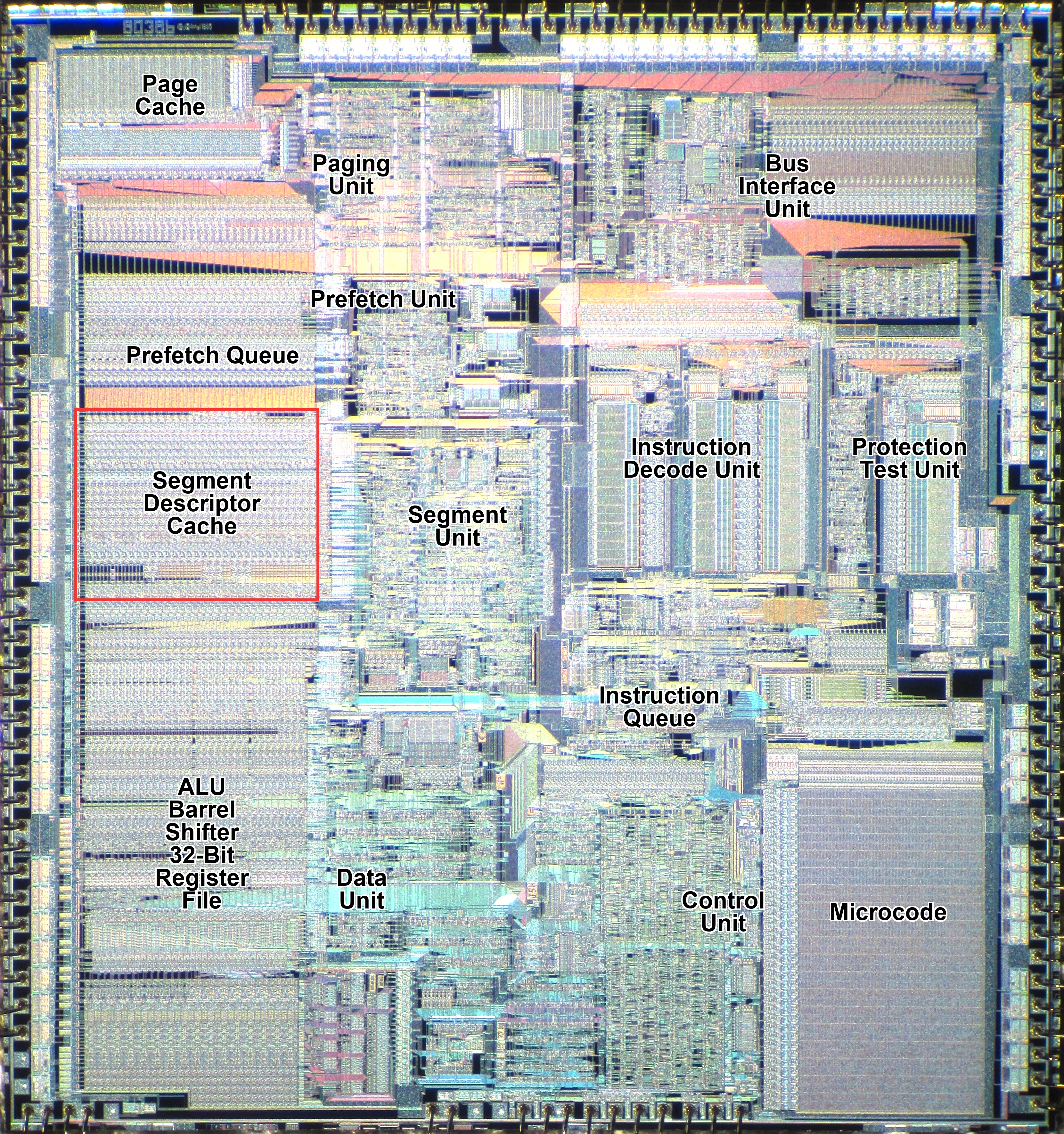 80386 die photo with Descriptor Cache Unit highlighted