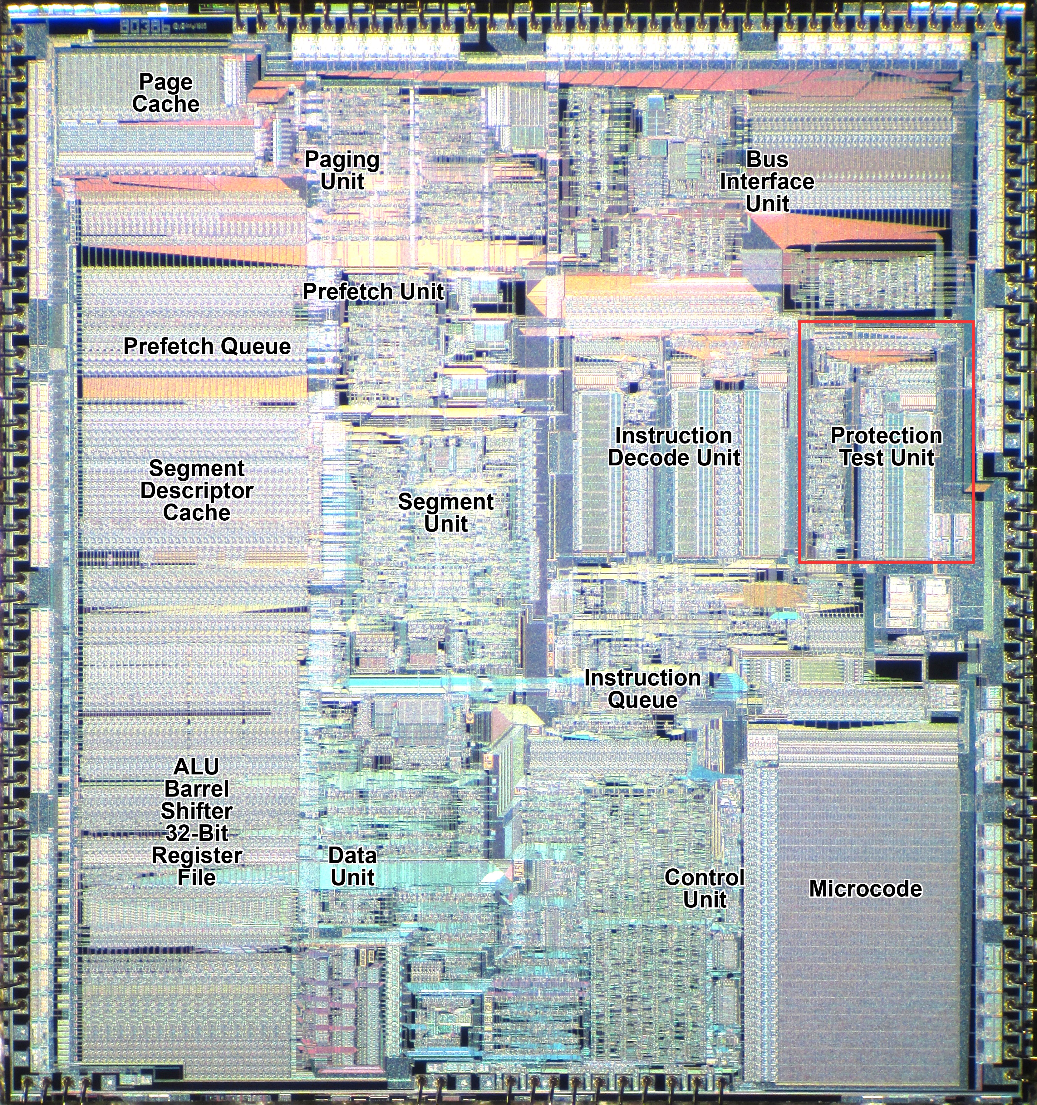 80386 die photo with Protection Test Unit highlighted
