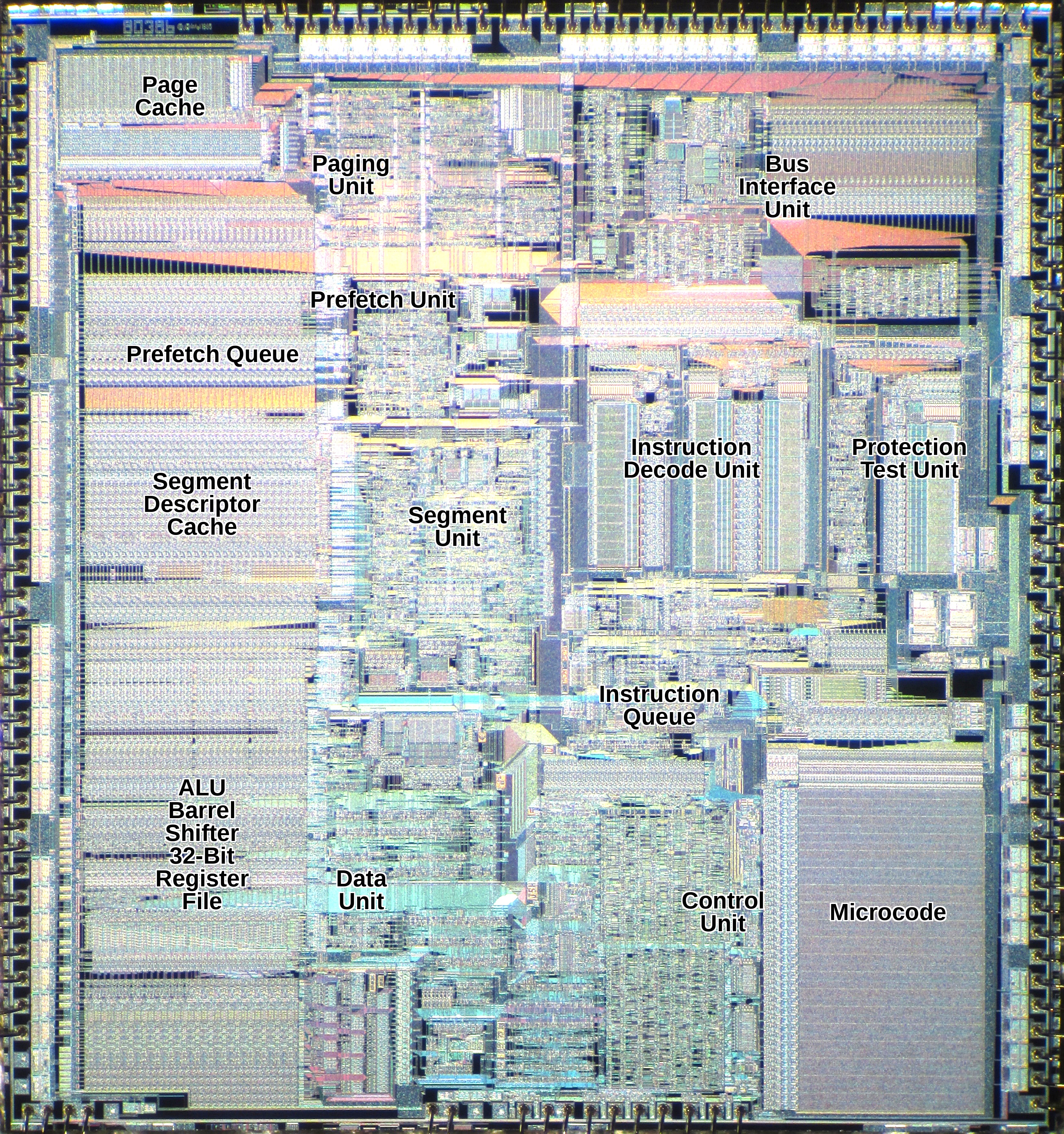 Intel 80386 die shot labeled with the major functional units