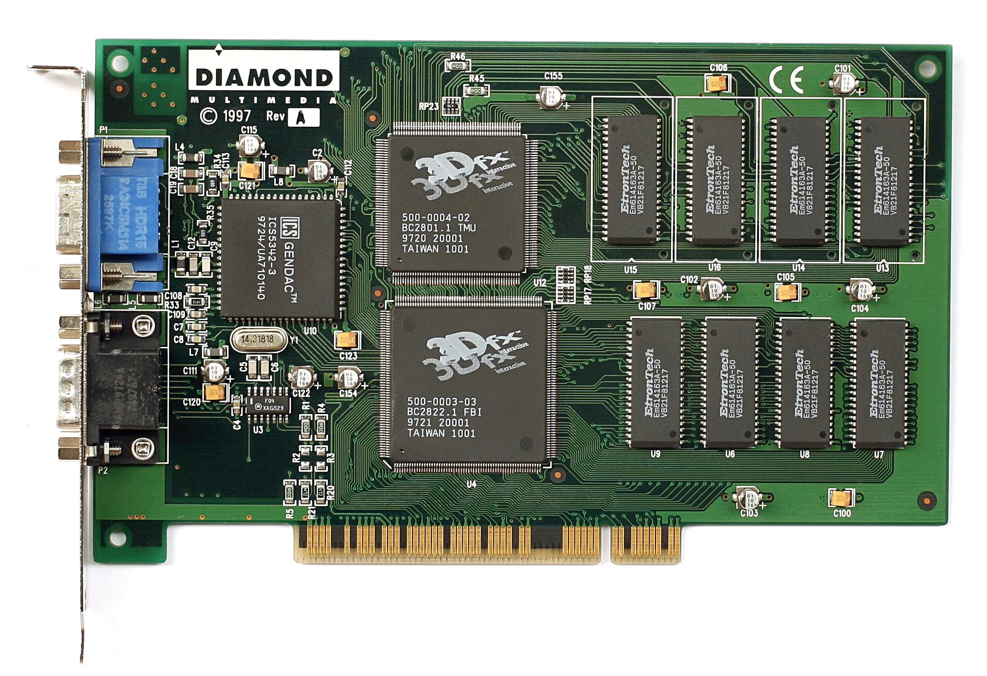 Diamond Monster 3D board photograph, with TMU and texture RAM above FBI and framebuffer RAM